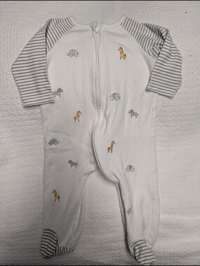 Little Me White Footed One-Piece with Striped Sleeves and Animal Embroidery